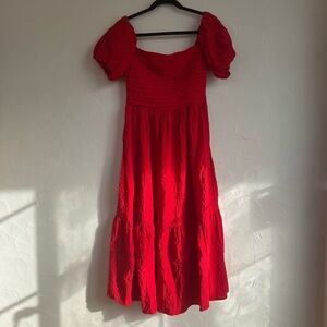 Abercrombie & Fitch red puff sleeve smocked midi dress (small tall)